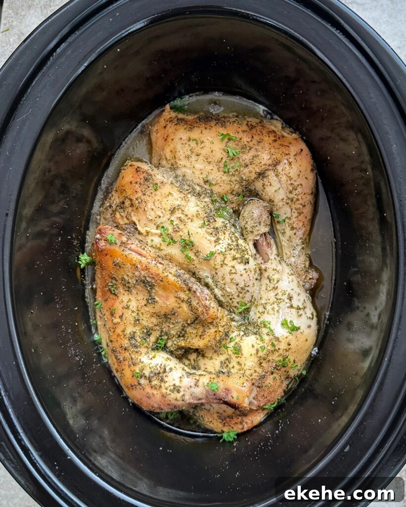 overhead shot of cooked chicken leg quarters in a black slow cooker