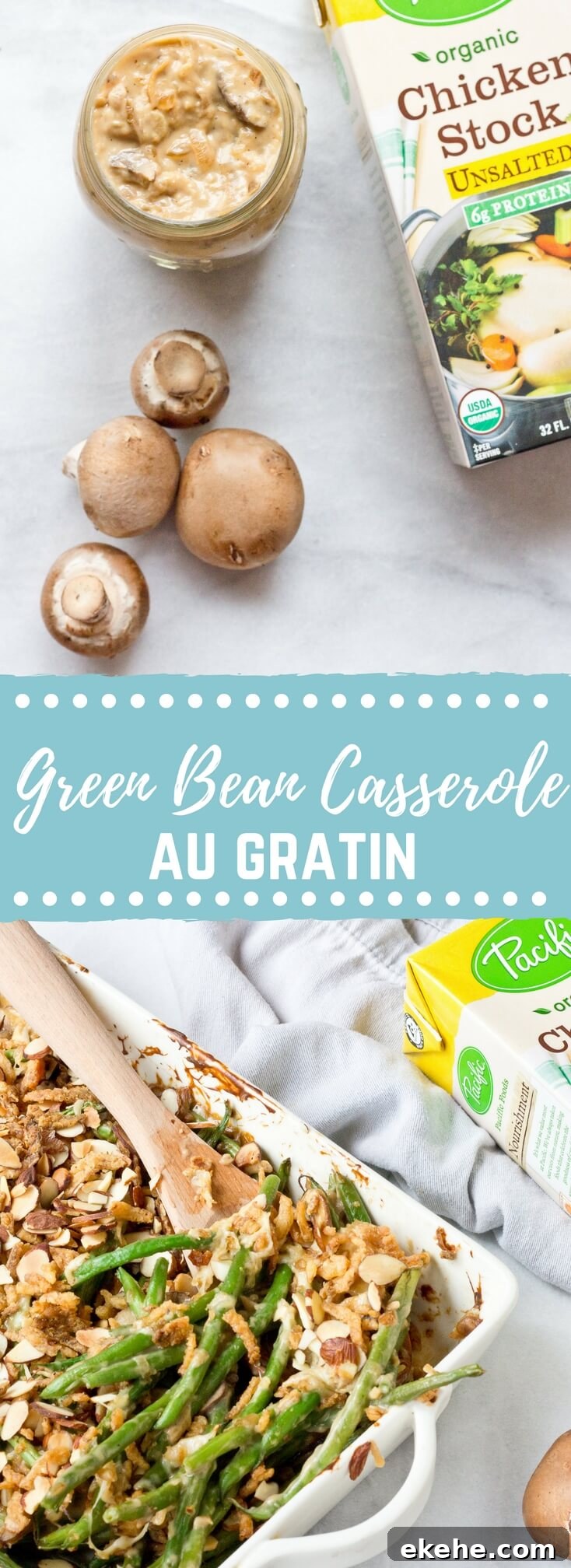 Because we all need Green Bean Casserole in our lives. This recipe is easy and made with homemade cream of mushroom soup + au gratin topping! Extra crunchies, please!