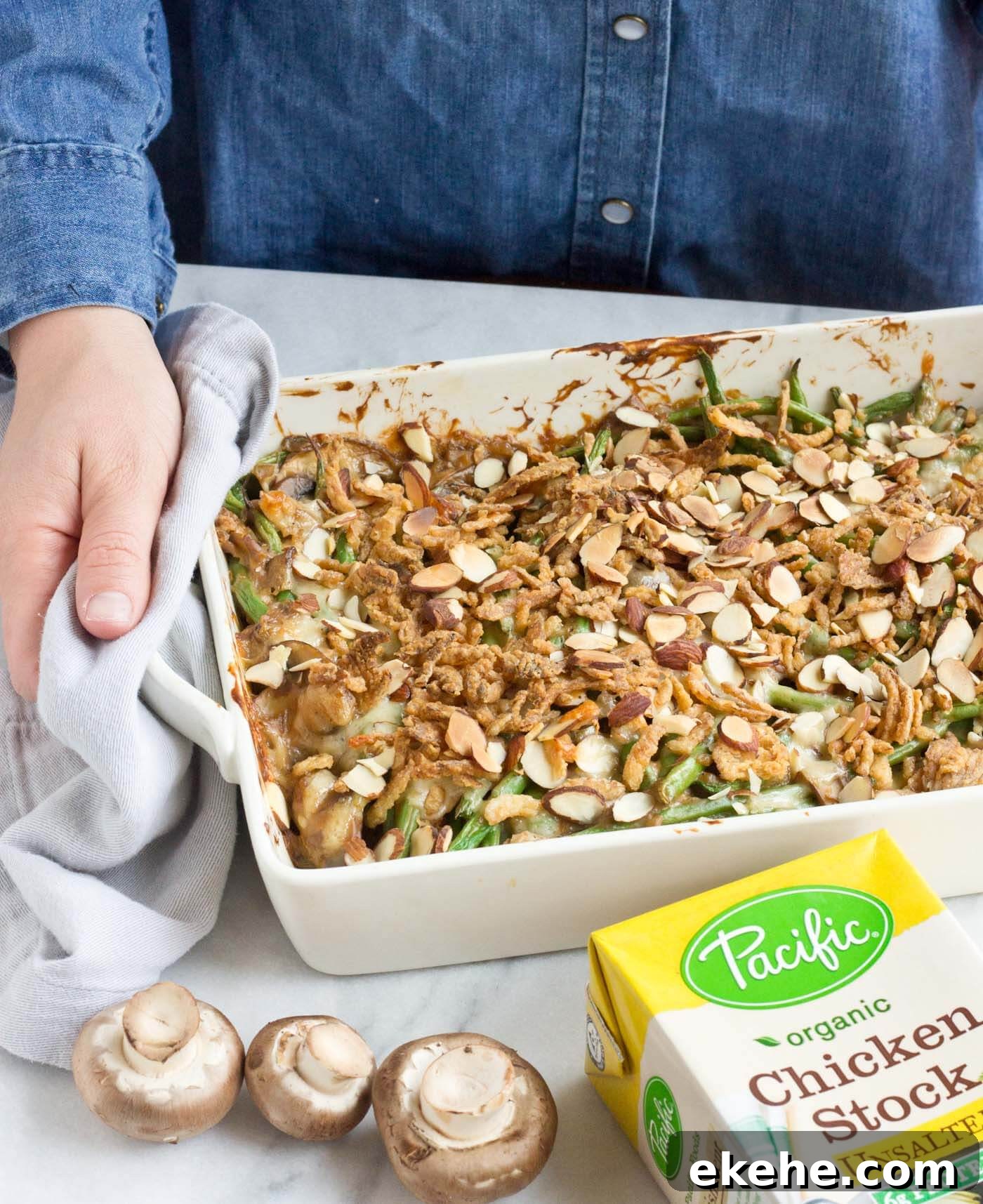 Because we all need Green Bean Casserole in our lives. This recipe is easy and made with homemade cream of mushroom soup + au gratin topping! Extra crunchies, please!