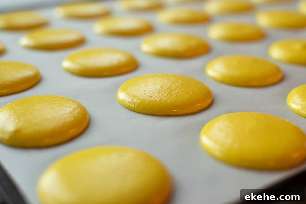 Yellow macarons ready for baking