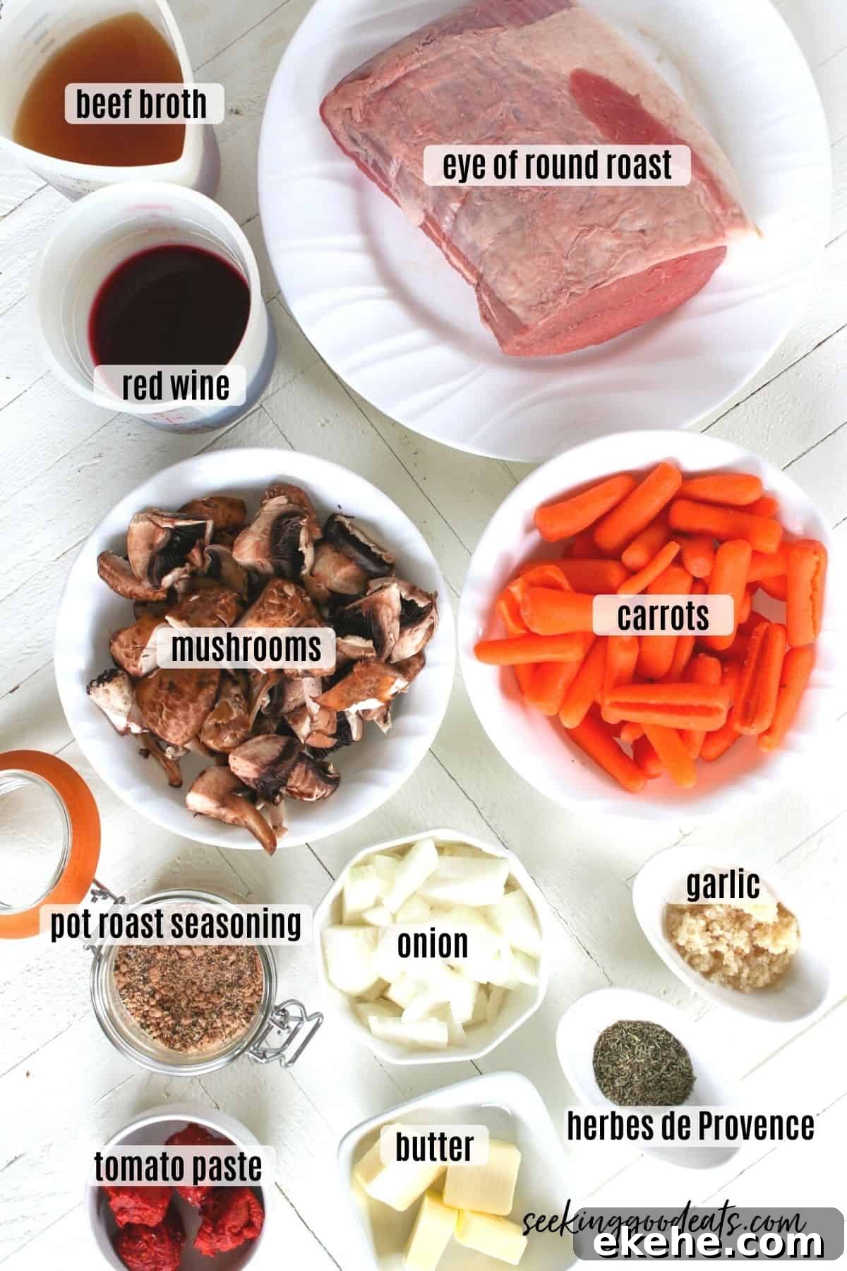 Ingredients needed for making beef eye of round roast.