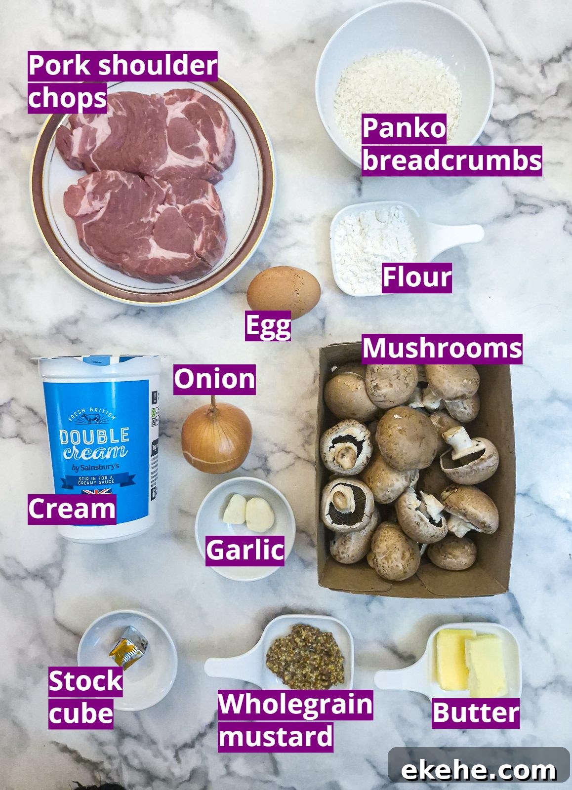 Crispy Crumbed Pork Chops with Mushroom Mustard Sauce 4 Ingredients needed to make breaded pork chops with mushroom mustard sauce.