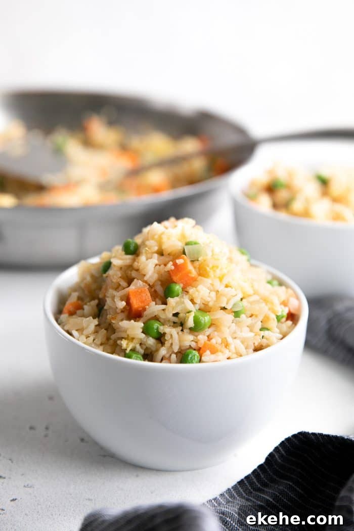Small white bowl filled with fried rice.