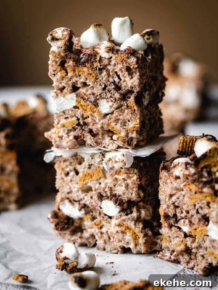 2 s'mores Rice Krispie treats stacked