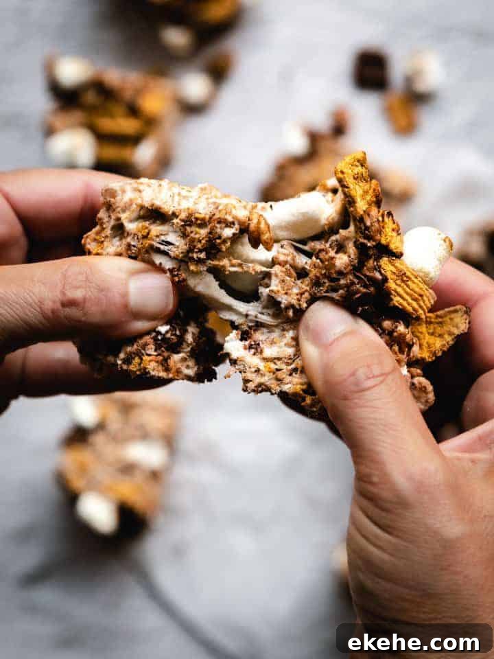 pulling apart a s'mores rice crispy treat