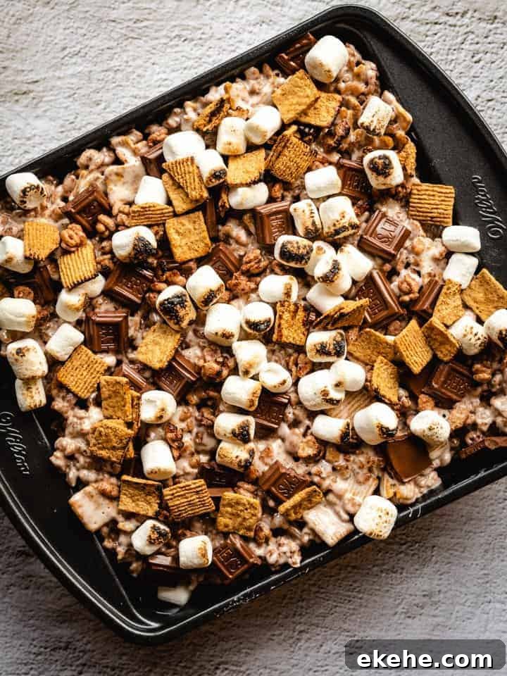 s'mores Rice Krispies with toasted marshmallows on top