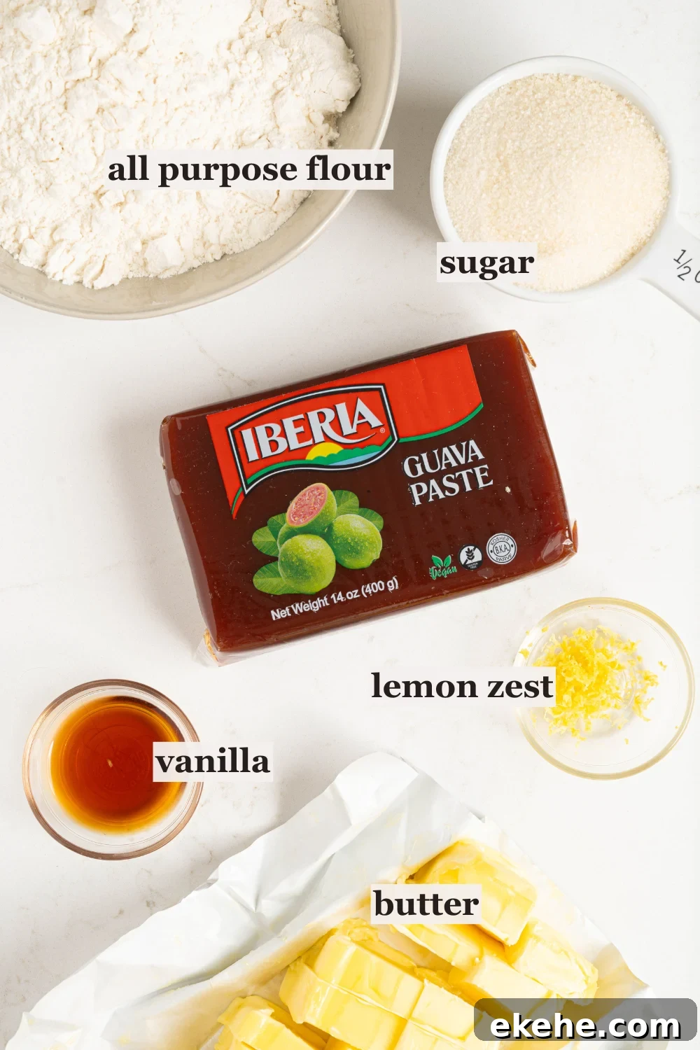 Bowls of flour, sugar, guava paste and more.
