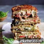 Grilled cheese with feta cheese, tomatoes, and spinach cut into squares stacked up like a tower