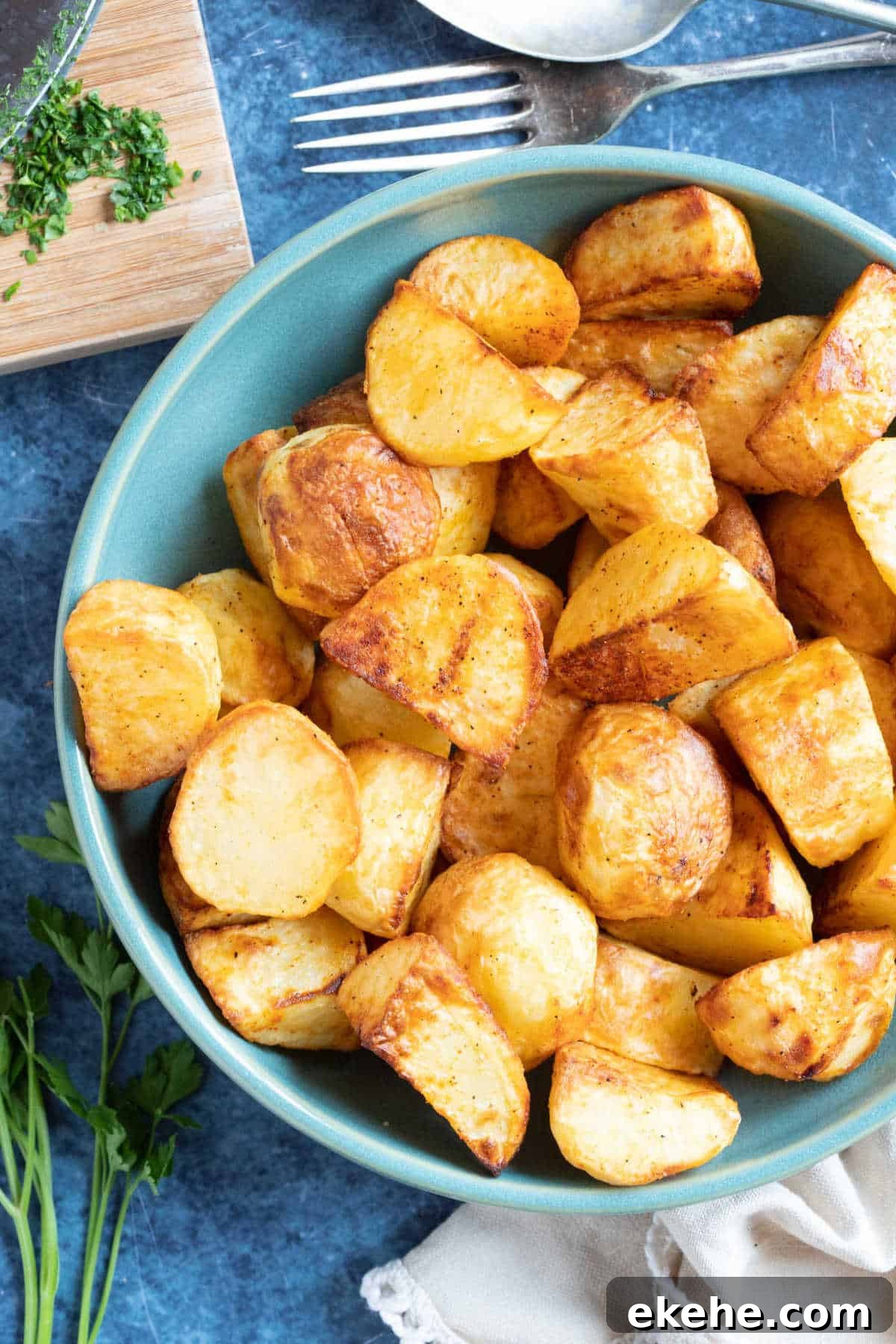 Roast potatoes in a serving bowl.