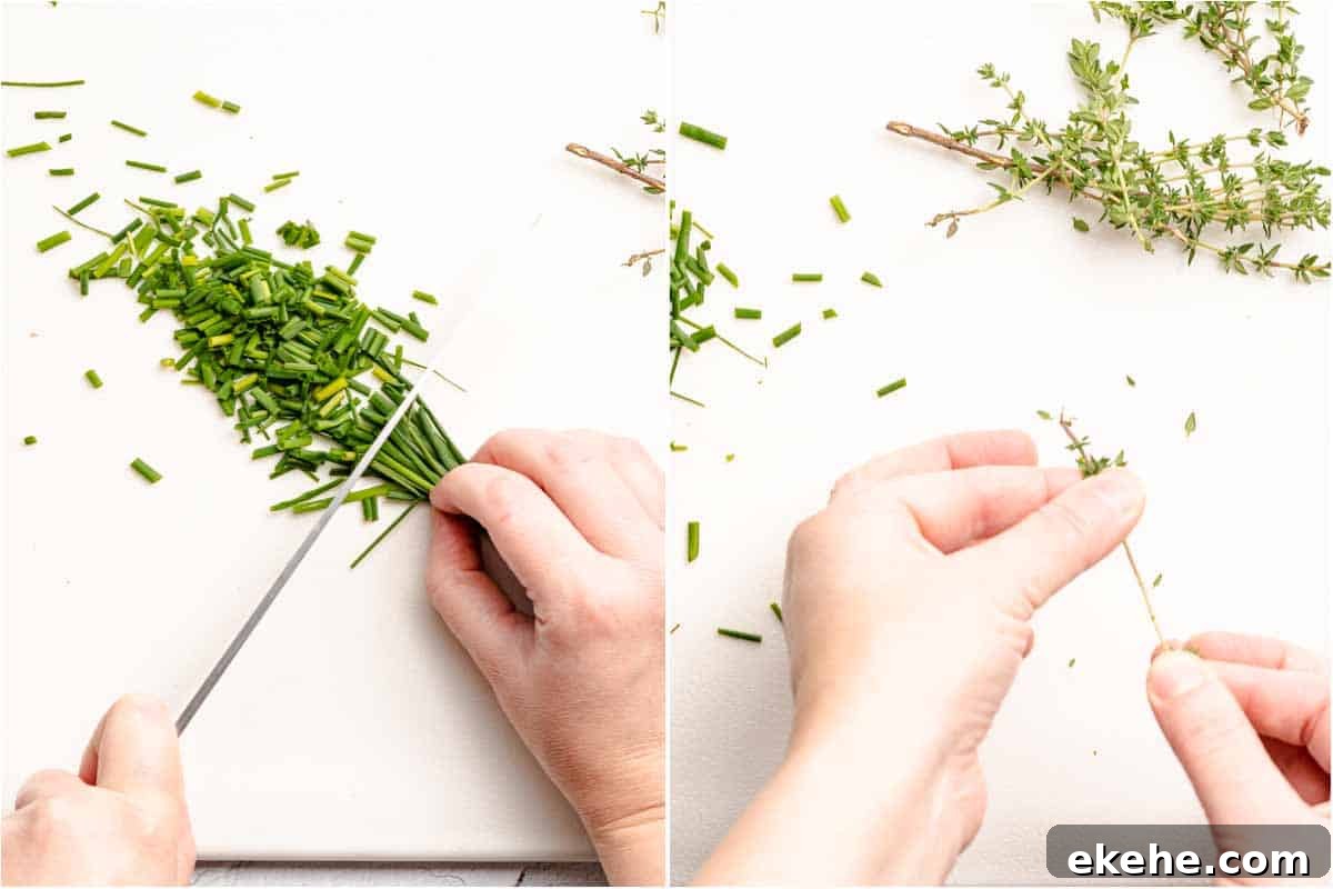 collage of chives being chopped and thyme being stripped from stem