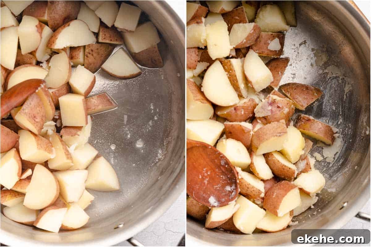 collage of cooked potatoes before and after cooking excess liquid out