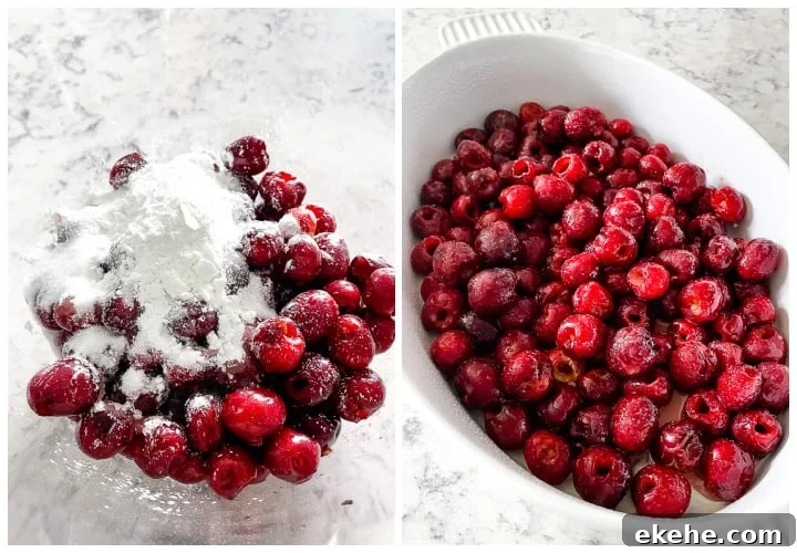 process shot collage-fresh cherries in a bowl and in a baking dish