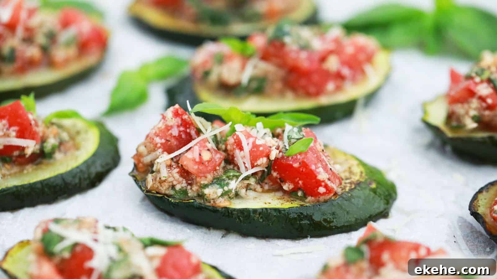 Baked zucchini bruschetta topped with chopped tomatoes, herbs, and grated cheese on a parchment-lined tray.