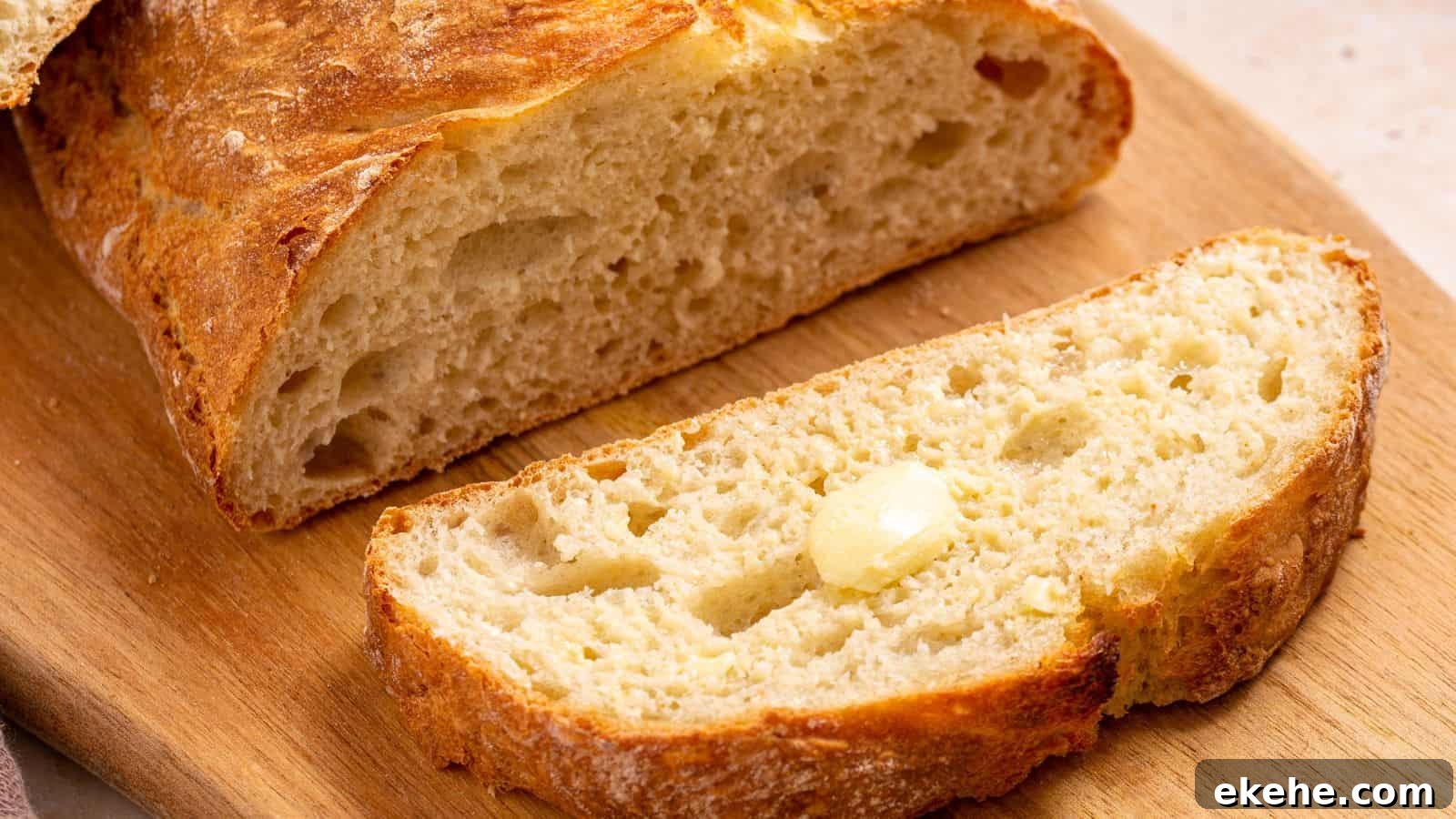 Italian artisan bread sliced on cutting board.