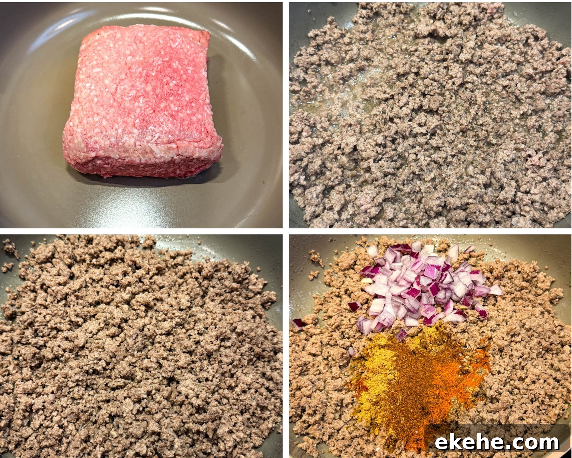 Collage showing ground beef cooking process in a skillet: raw beef, partially cooked beef, fully cooked beef, and beef mixed with chopped red onions and spices.