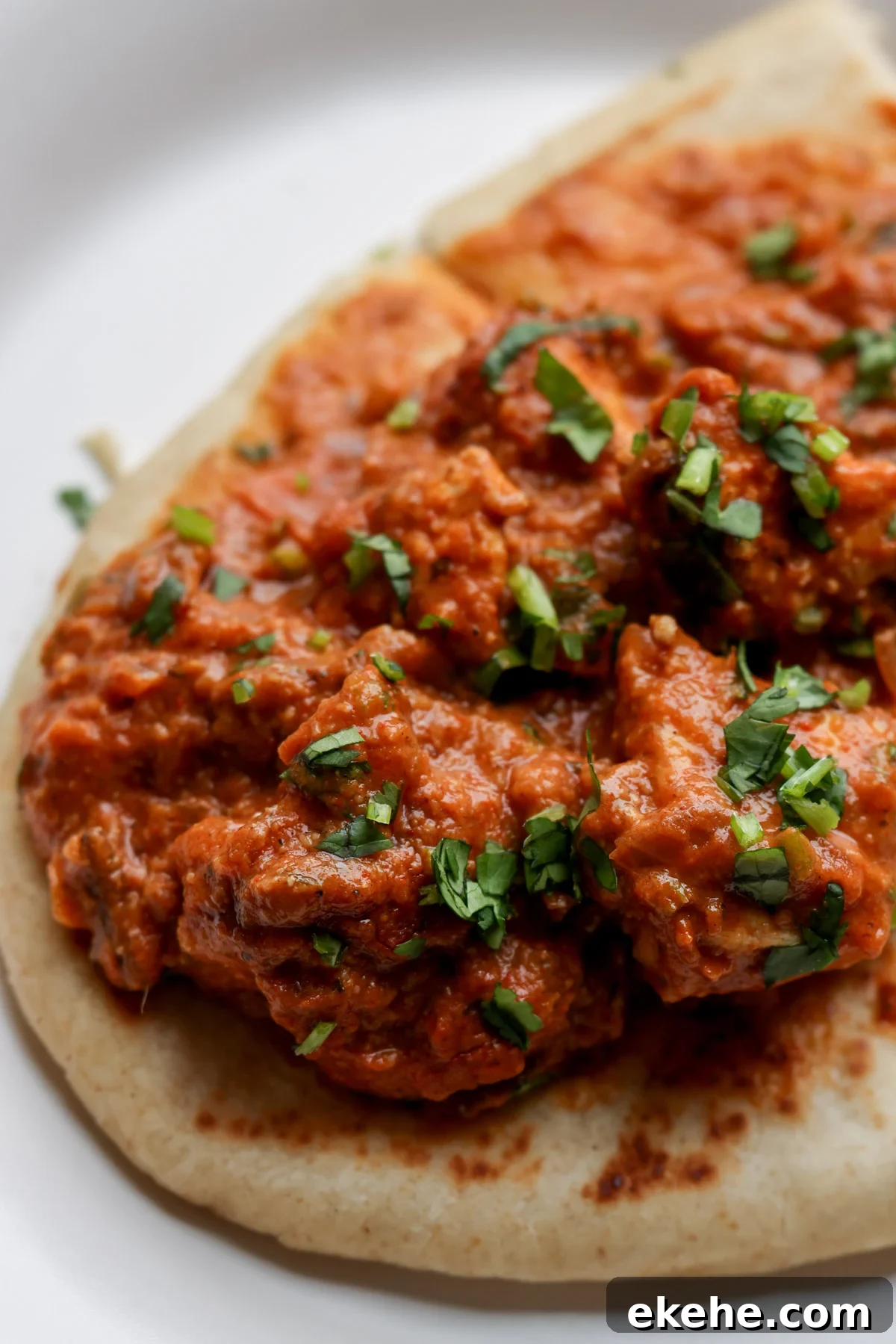 close-up of flatbread with chicken angara on top on a plate