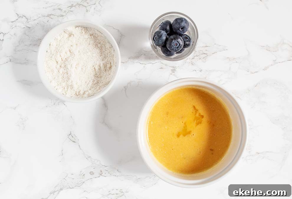 overhead view of ingredients needed for keto blueberry mug cake