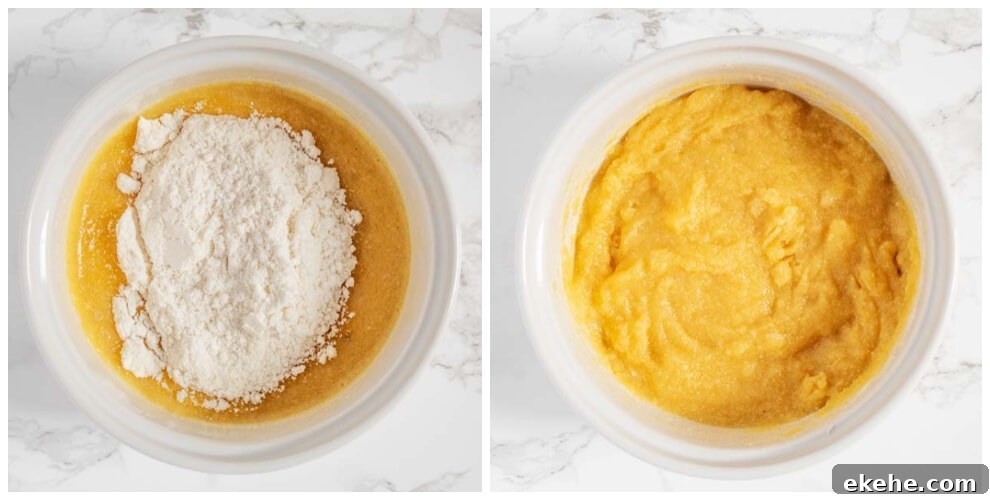 two overhead photos showing dry ingredients mixed into wet for keto blueberry mug cake