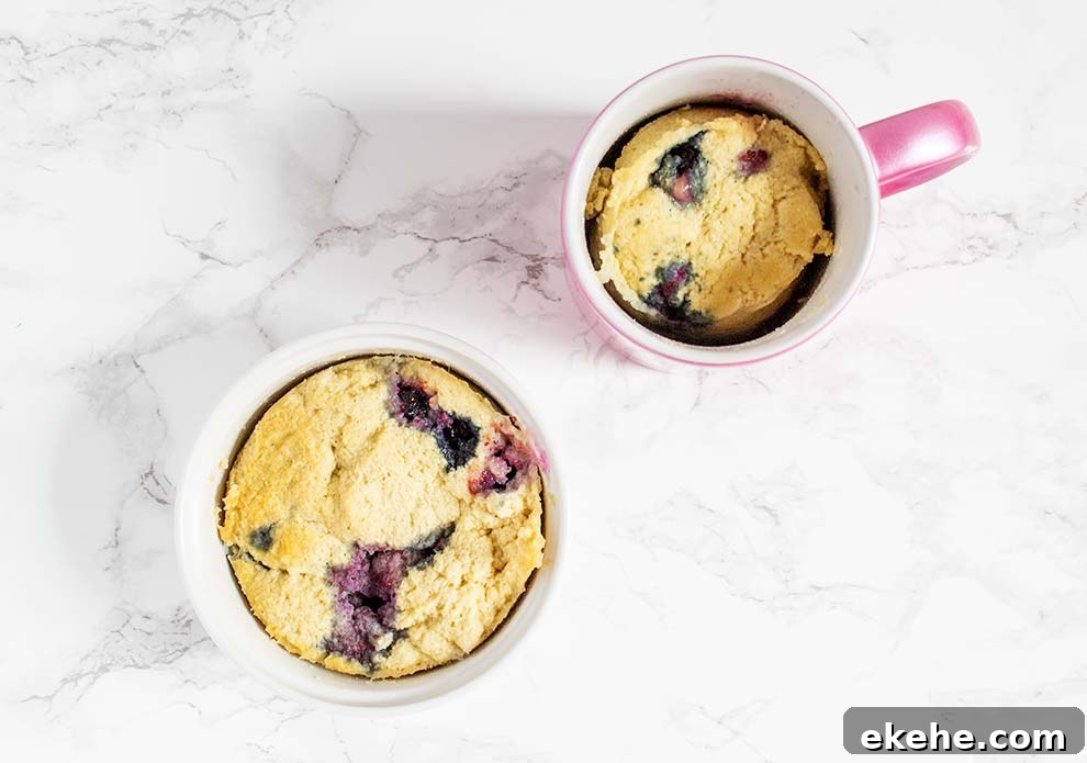 overhead view of ramekin and mug containing keto blueberry mug cake fully cooked