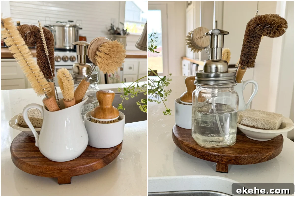 kitchen brushes and soap on footed wood pedestal