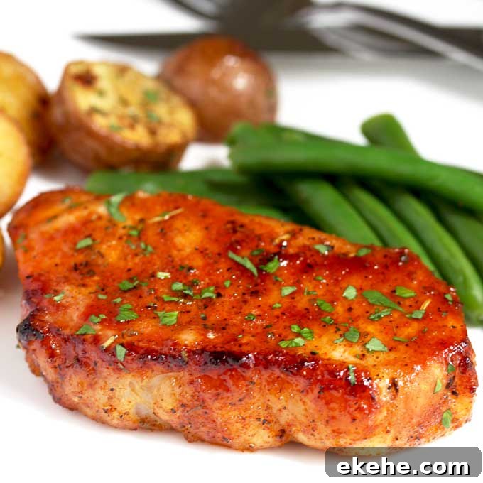 Oven Baked Pork Chops with roasted potatoes and green beanson a white plate
