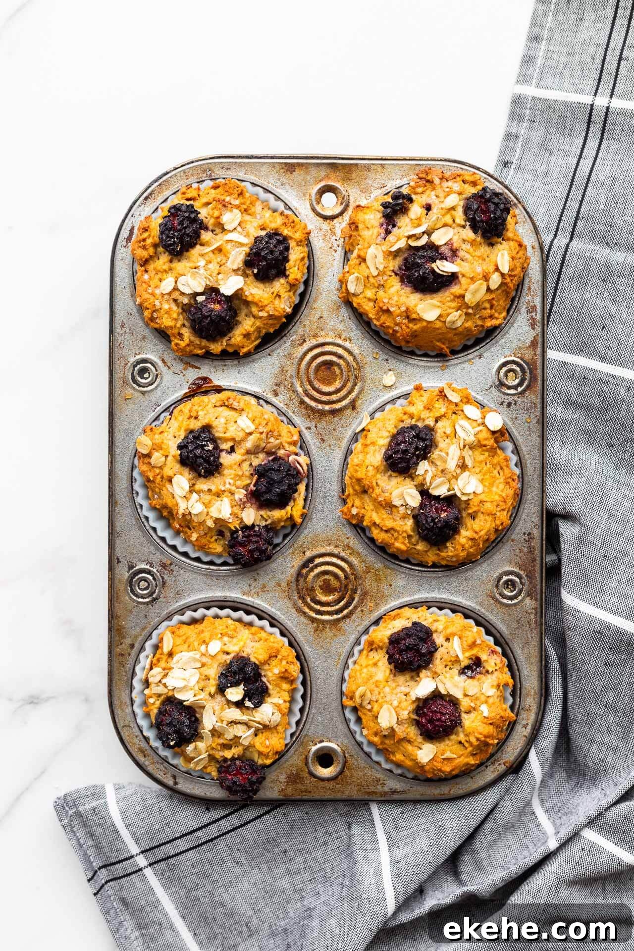 Freshly baked blackberry oat muffins