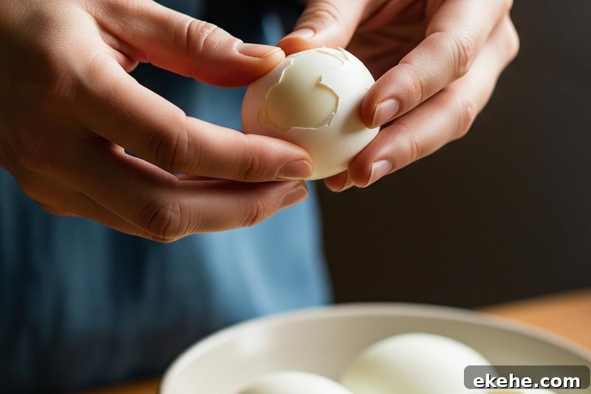 Peeling egg.