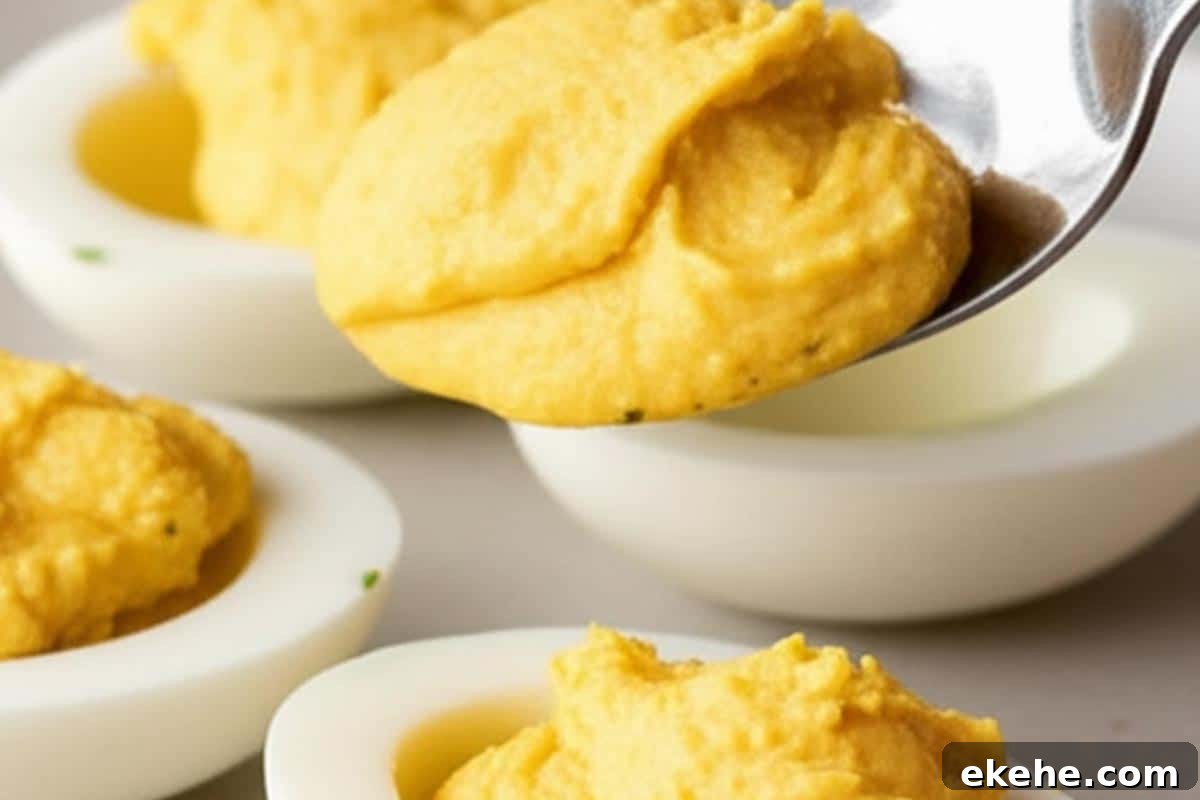 Eggs with filling using a spoon.