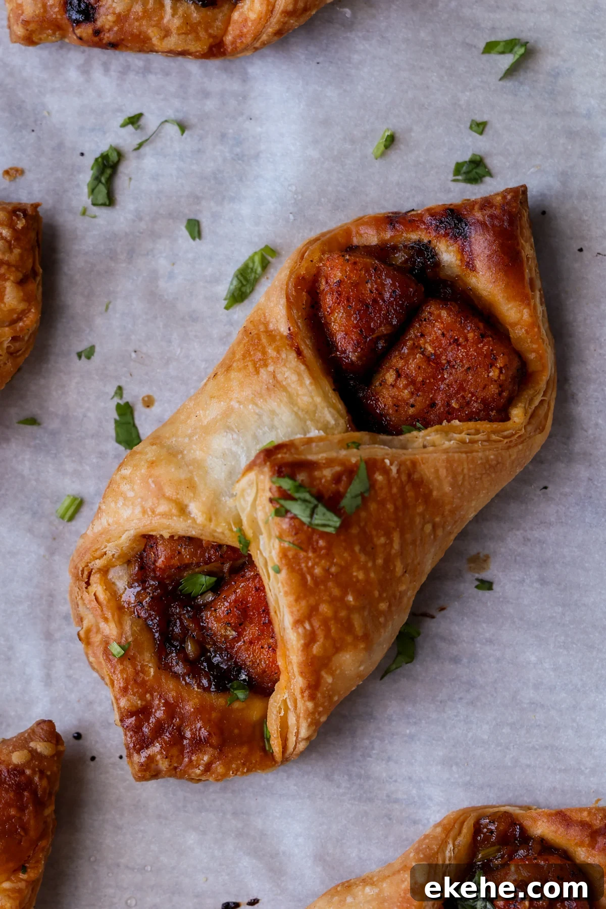 chilli garlic tofu puff pastry on the baking sheet