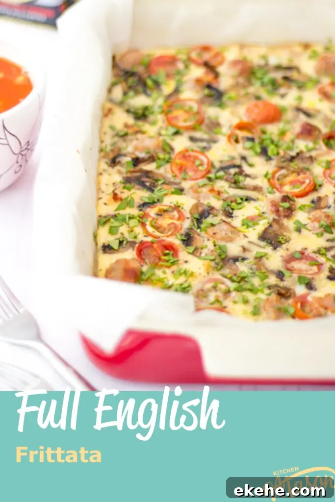 A full English baked frittata in an oven proof dish scattered with fresh parsley. A text overlay says 'Full English Frittata'