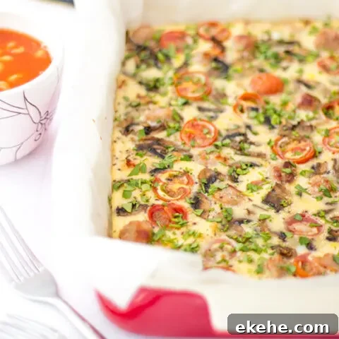 A full English baked frittata in an oven proof dish
