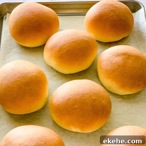 Homemade burger buns on a baking sheet.
