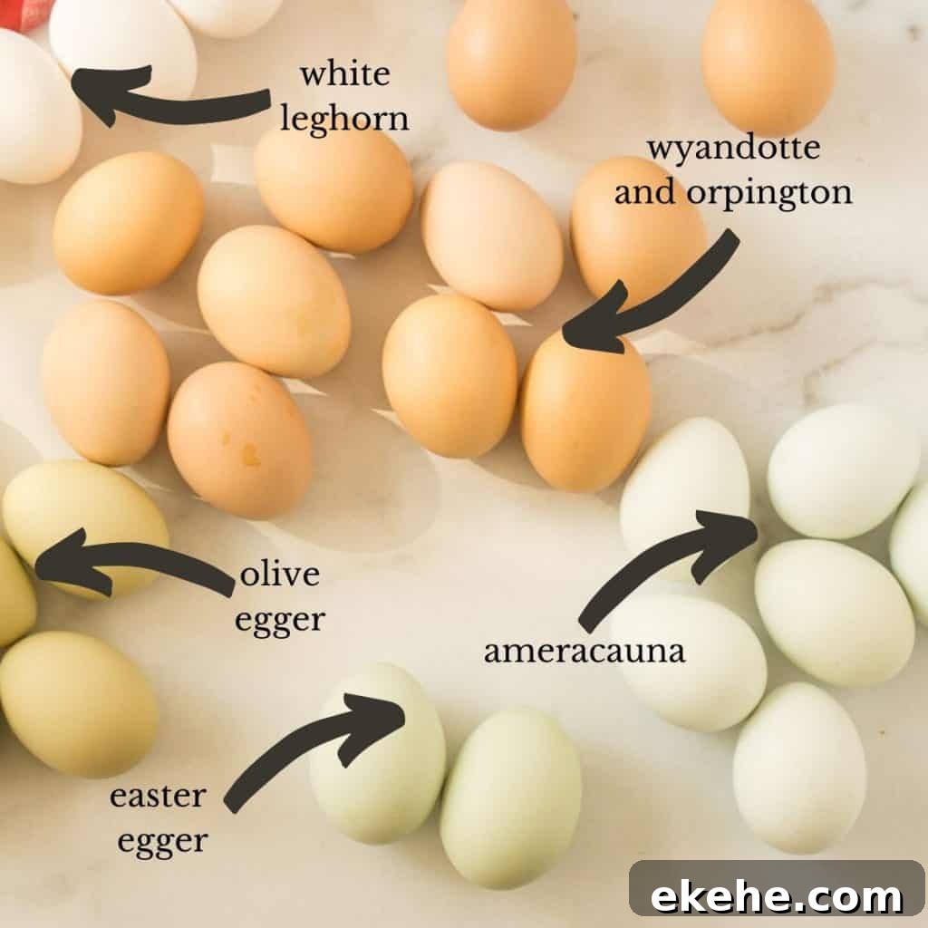 colored eggs laid out on counter labeled with the chickens that lay colored eggs