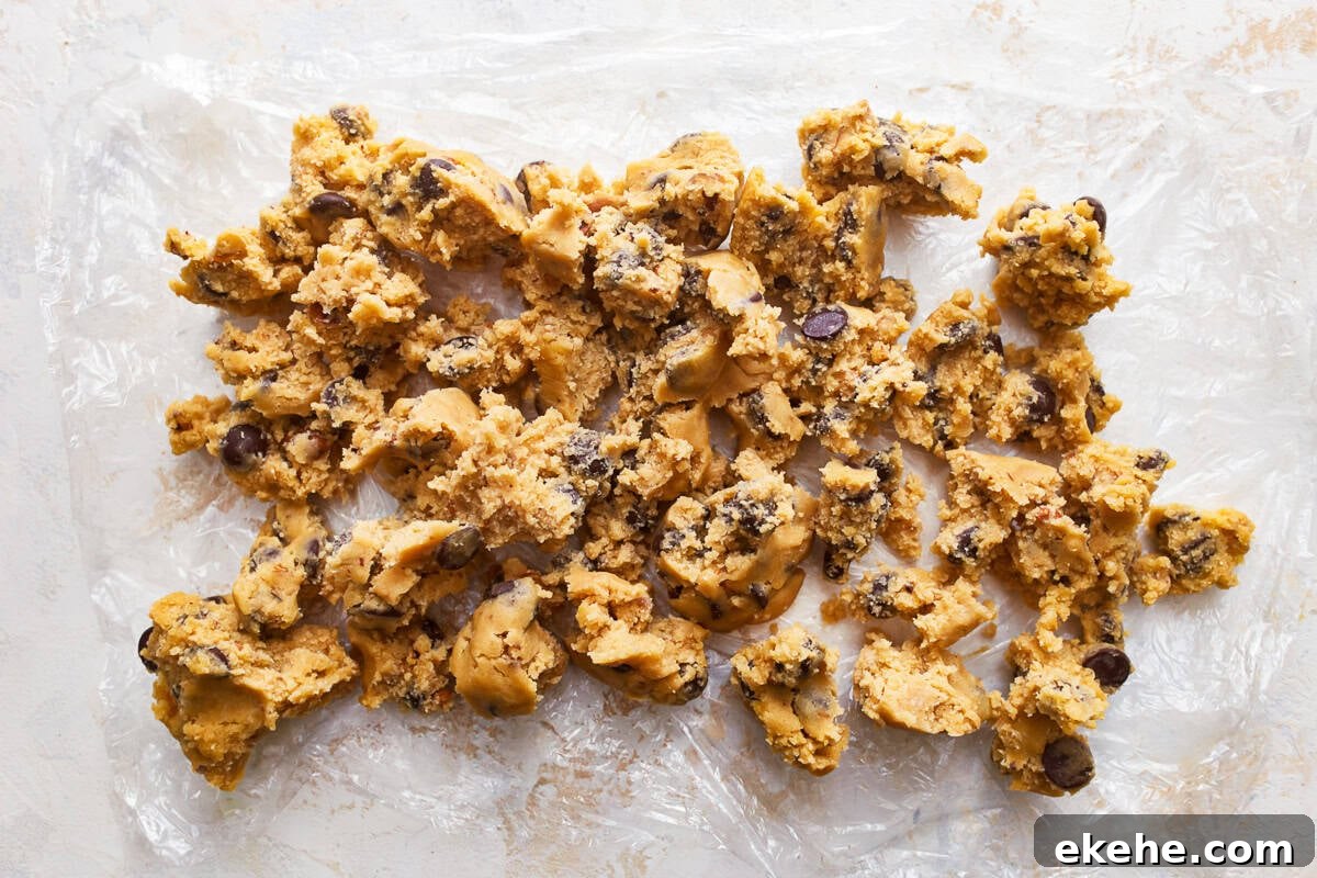 chocolate chip walnut cookie dough crumbled out onto a work surface.