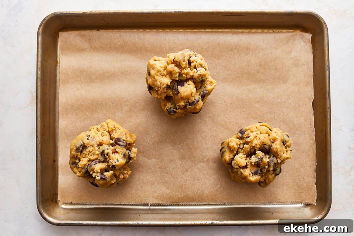 three giant bakery style chocolate chip cookie dough balls on a lined baking sheet.