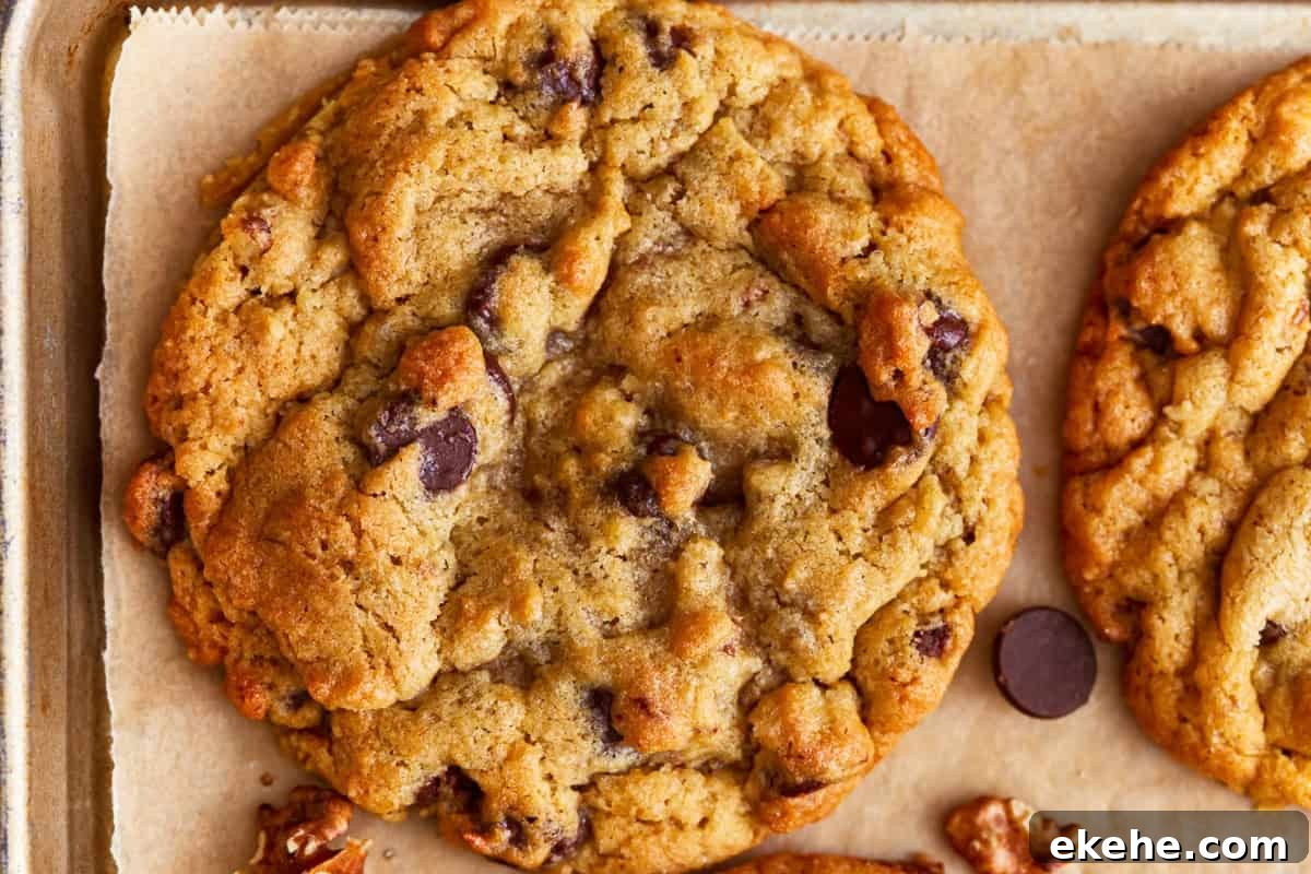 Close up on a giant chocolate chip cookie.