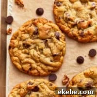 bakery style chocolate chip cookies on a baking sheet with chocolate chips and walnuts.