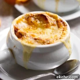 instant pot french onion soup in white dish.