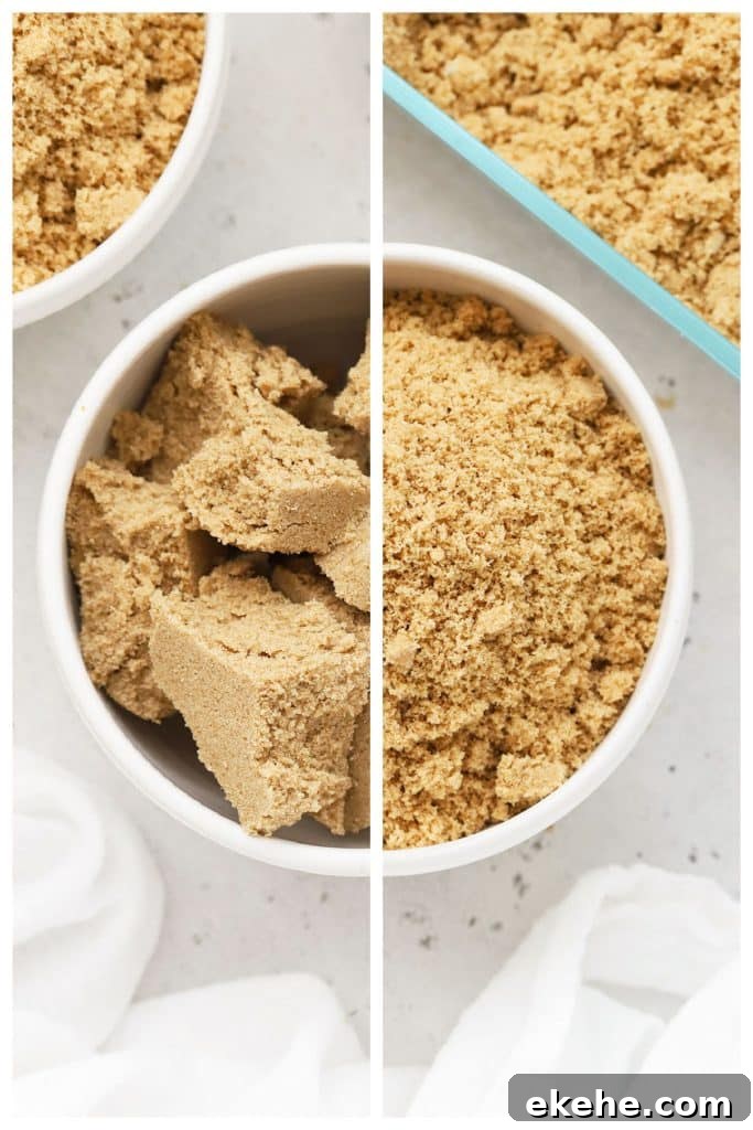 a before and after comparison of hard brown sugar and softened brown sugar