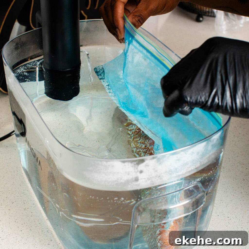 putting sous vide bag in water