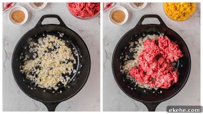 cooking the onions and the ground beef.