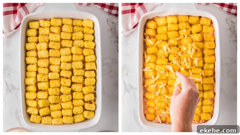 topping with a layer of the tater tots and then shredded cheese.