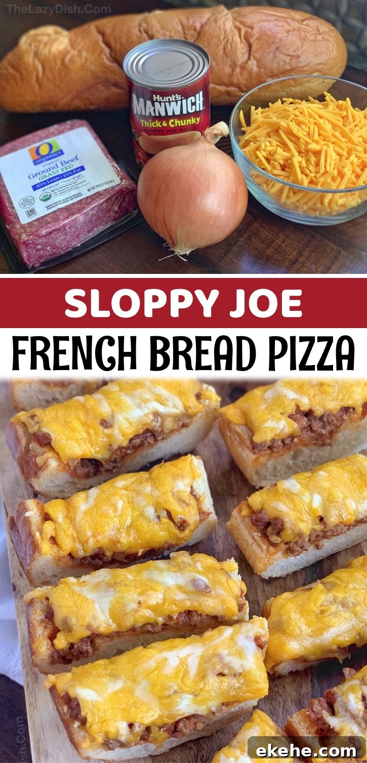 Sloppy Joe French Bread Pizza Slices - This quick and easy recipe is made with just 5 simple ingredients: french bread, ground beef, sloppy joe sauce, cheese and diced onions. Bake in the oven, slice, and watch it disappear! It’s obviously great for big appetites, which is why I like to serve this as an appetizer for a football party, game day or any gathering with cheese and meat lovers. It’s also a tasty snack for Sundays at home. Kids and adults love it! Serve it with a salad to make it a complete meal for dinner, too.