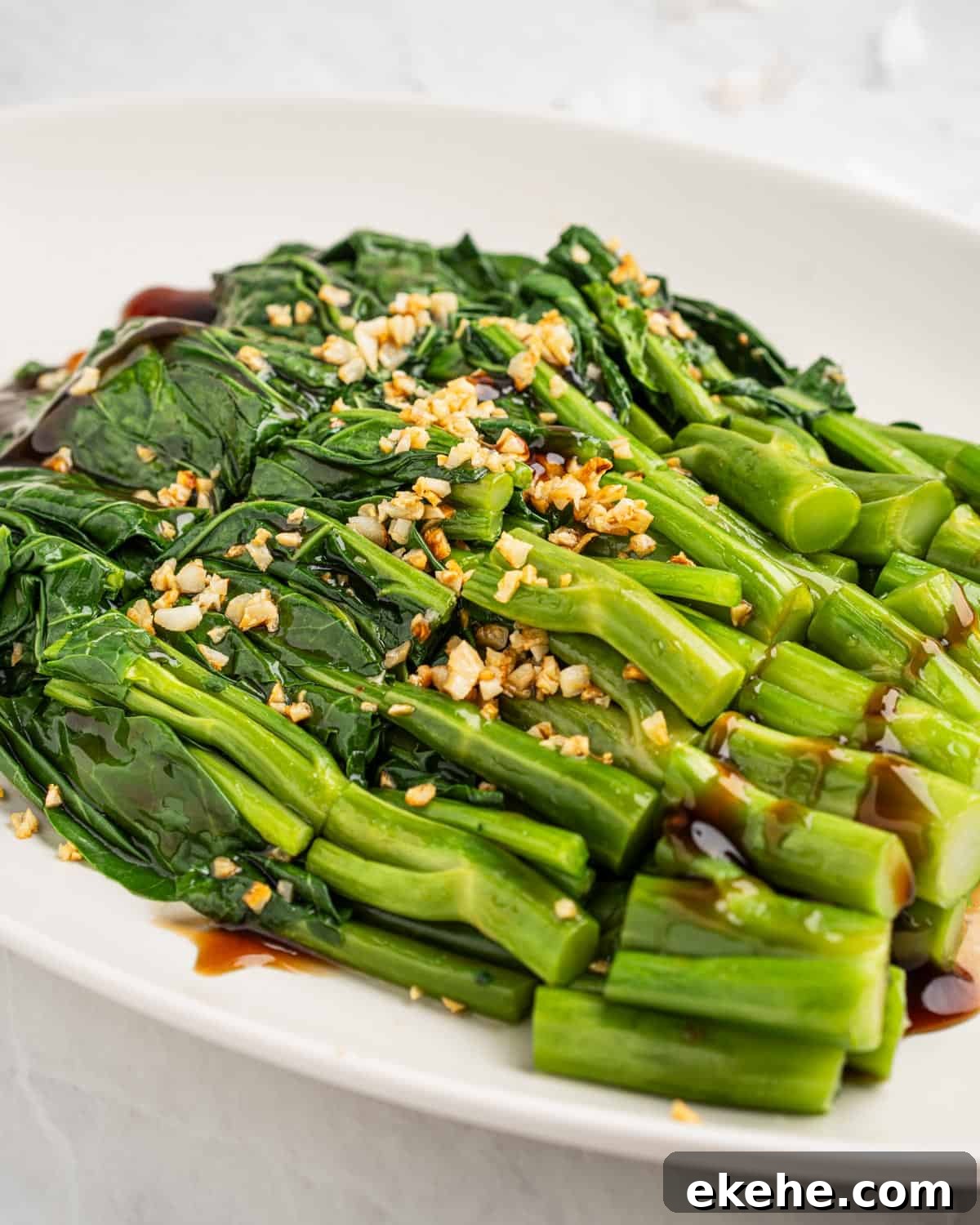 Close up of stir fried Chinese broccoli.