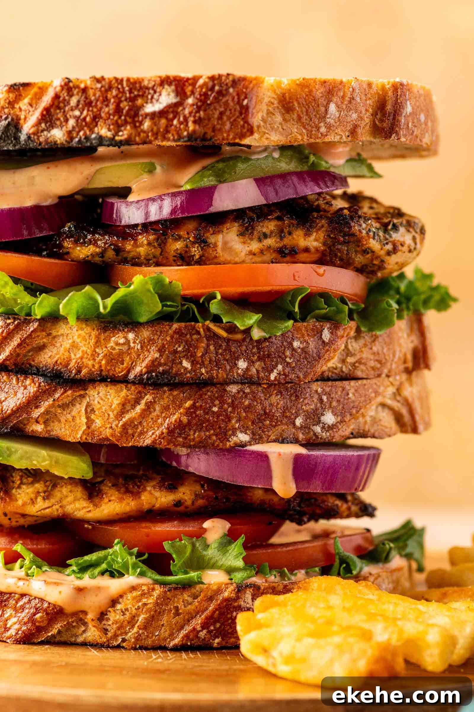 Close-up of a stacked grilled chicken sandwich with lettuce, tomato, red onion, sauce, and toasted bread, served with a side of potato chips.