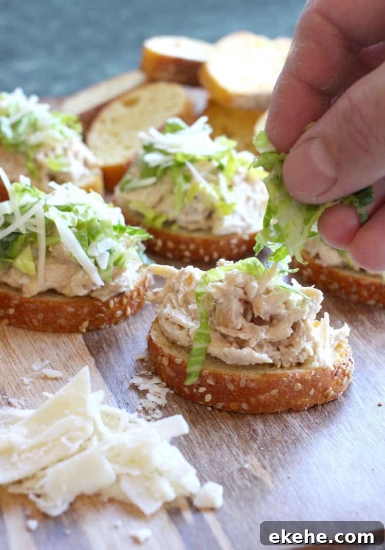 Caesar Chicken Salad Bruschetta is a chicken salad recipe that's topped with lettuce and parmesan cheese