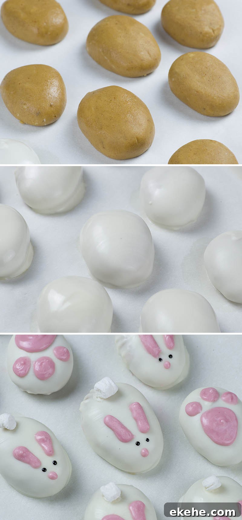 Three steps image - peanut butter balls, whitechocolate dipped balls and finished Easter bunnies.