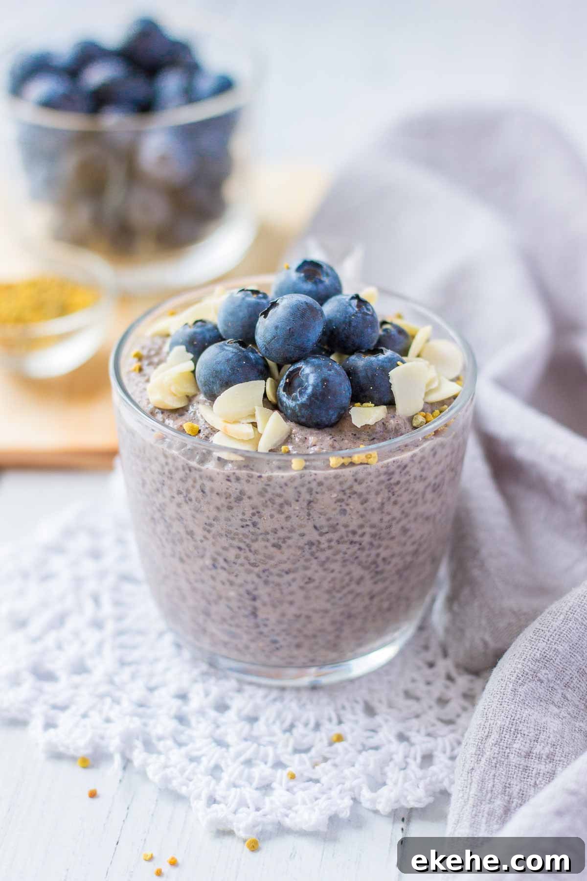 Blueberry Chia Pudding served in a glass bowl topped with fresh blueberries and almonds