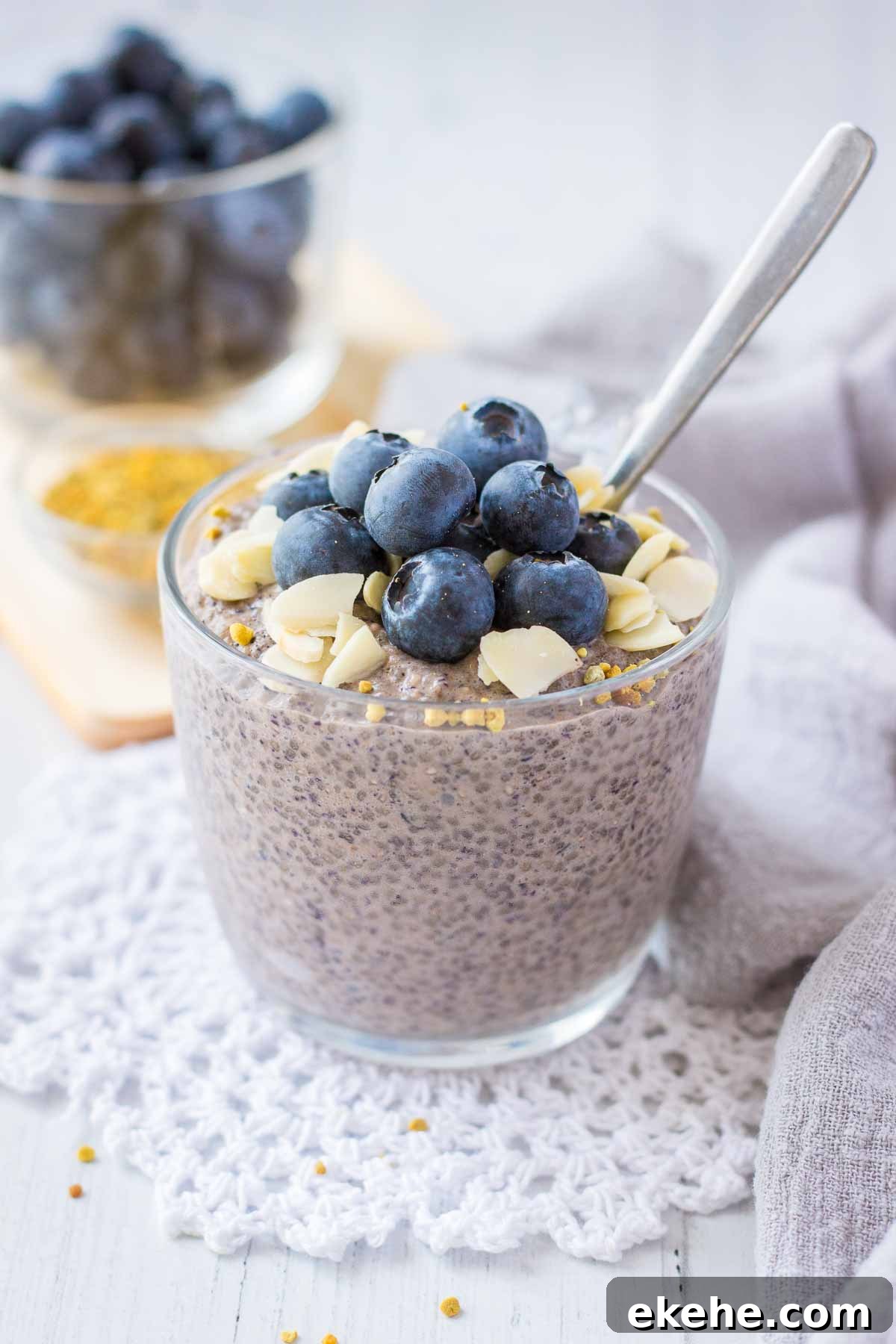 Blueberry Chia Pudding served in a glass bowl with a spoon