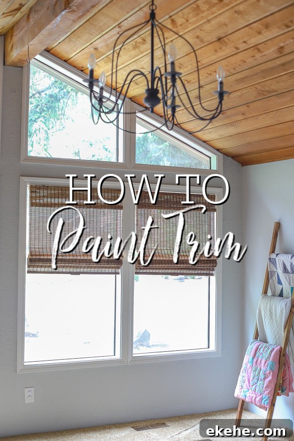 room with vaulted ceilings with freshly painted white trim - how to paint trim